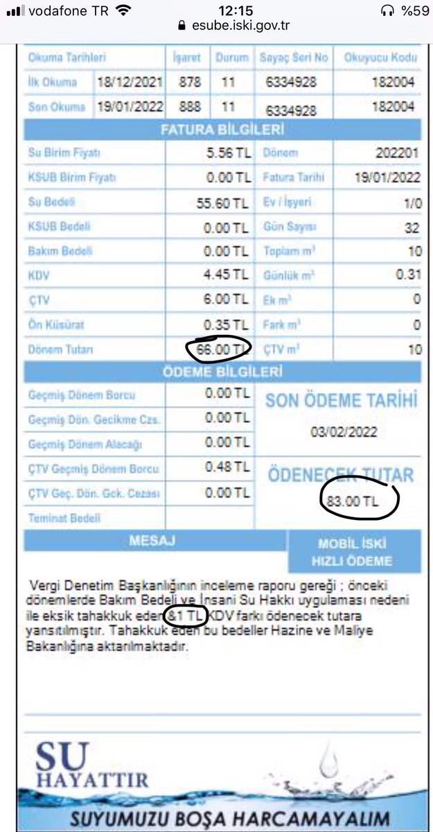lvnt112's tweet photo. @iski_destek @iskignmudurlugu aşağıdaki fatura tutarı 66₺ istenen ödeme 83₺ mesaj kısmında 2016-2020 sayıştay kararı olan yanlış hesaplanan kdv farkı 1₺ görünüyor ve aradaki fark 16₺’yi nereye ödedim ve neden 66₺’le 17₺ ayrı ayrı çekildi. https://t.co/s516e6SRpE