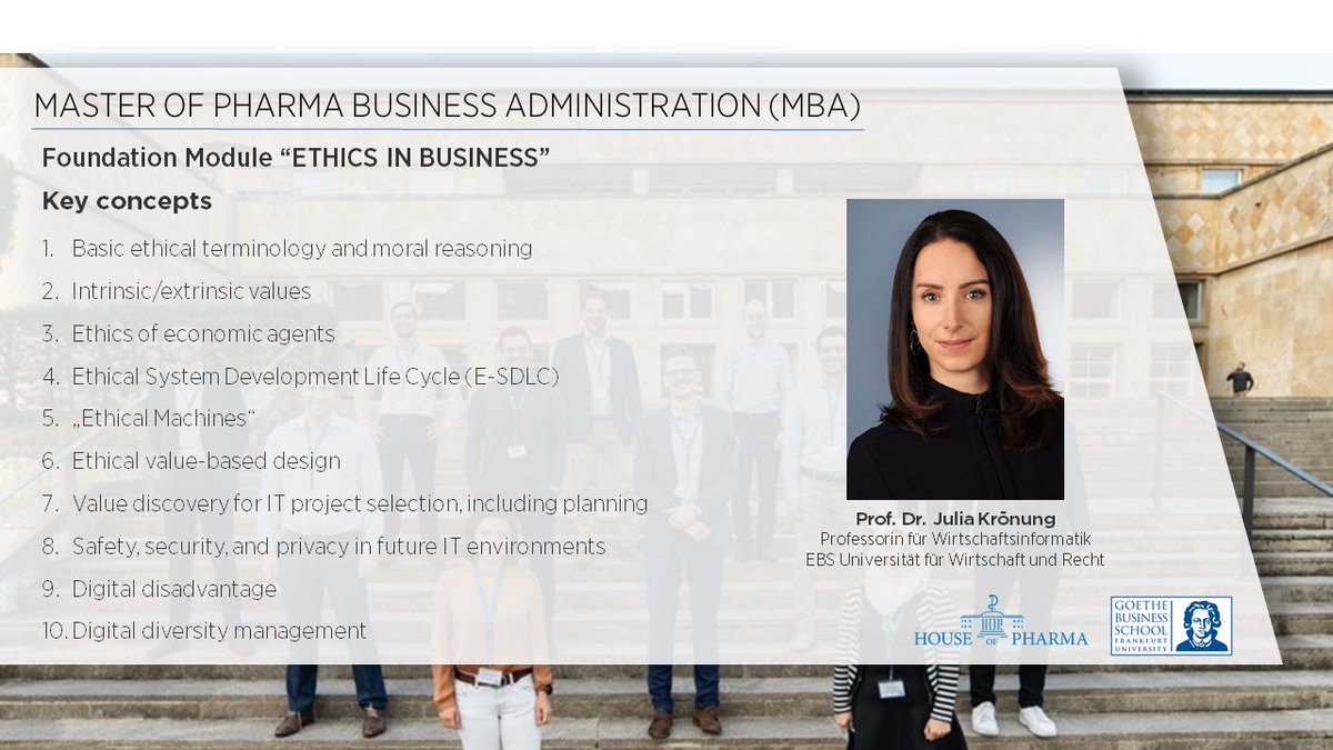 hoph_ffm's tweet photo. Im #PharmaMBA der @GoetheBSchool findet dieses Wochenende das Modul "Ethics in Business” statt.
Wir bedanken uns bei Prof. Dr. Julia Krönung und wünschen den Studierenden des ersten Semesters ein produktives Wochenende!

https://t.co/SYruXO5UVl https://t.co/h9rZYSjlhT