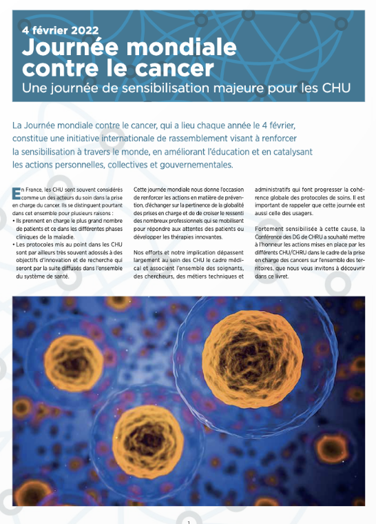 #Journeemondialecontrelecancer 
Parce que les CHU sont des acteurs majeurs du soin dans la prise en charge du cancer, la Conférence des <a href="/DG_CHRU/">Directeurs généraux de CHRU</a>, fortement sensibilisée à cette cause, met à l’honneur quelques initiatives de CHU dans un dossier en ligne sur dg-chru.fr/journee-mondia…