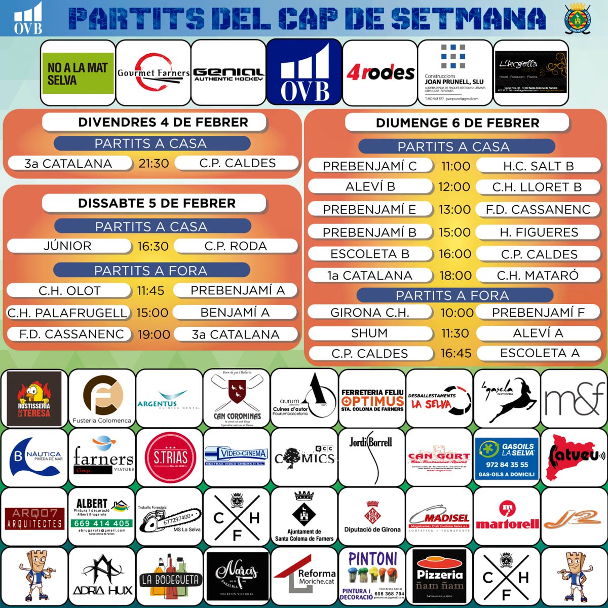 💥Partits del cap de setmana!!
Cap de setmana intens dels que ens agraden amb una pila de partits!!
Especial atenció al #ok1acat que necessita guanyar per seguir ferm a la primera plaça del grup!!
I a la nostra escoleta!!! Que s'estrena aquest any diumenge a les 16:00!!
