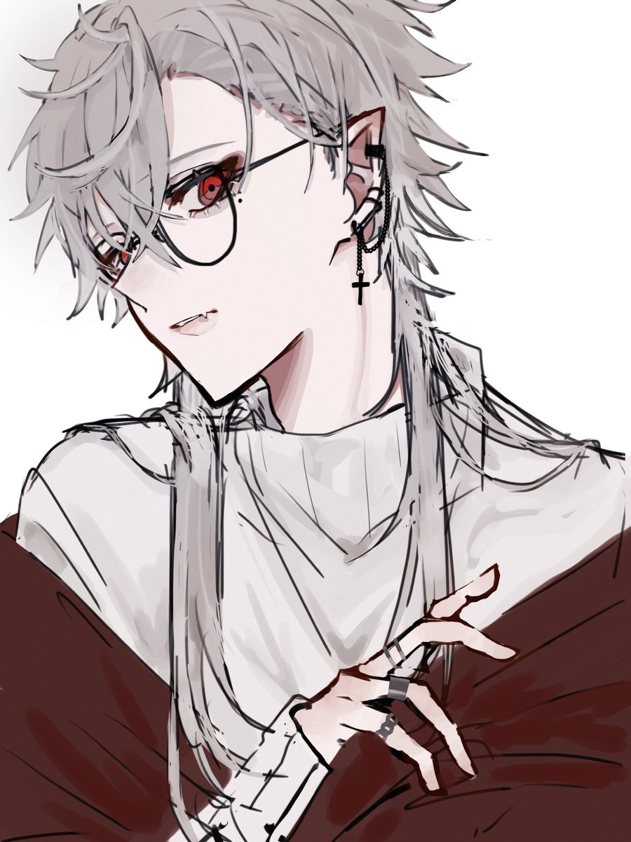 kuzuha (nijisanji) 1boy male focus solo pointy ears red eyes jewelry earrings  illustration images