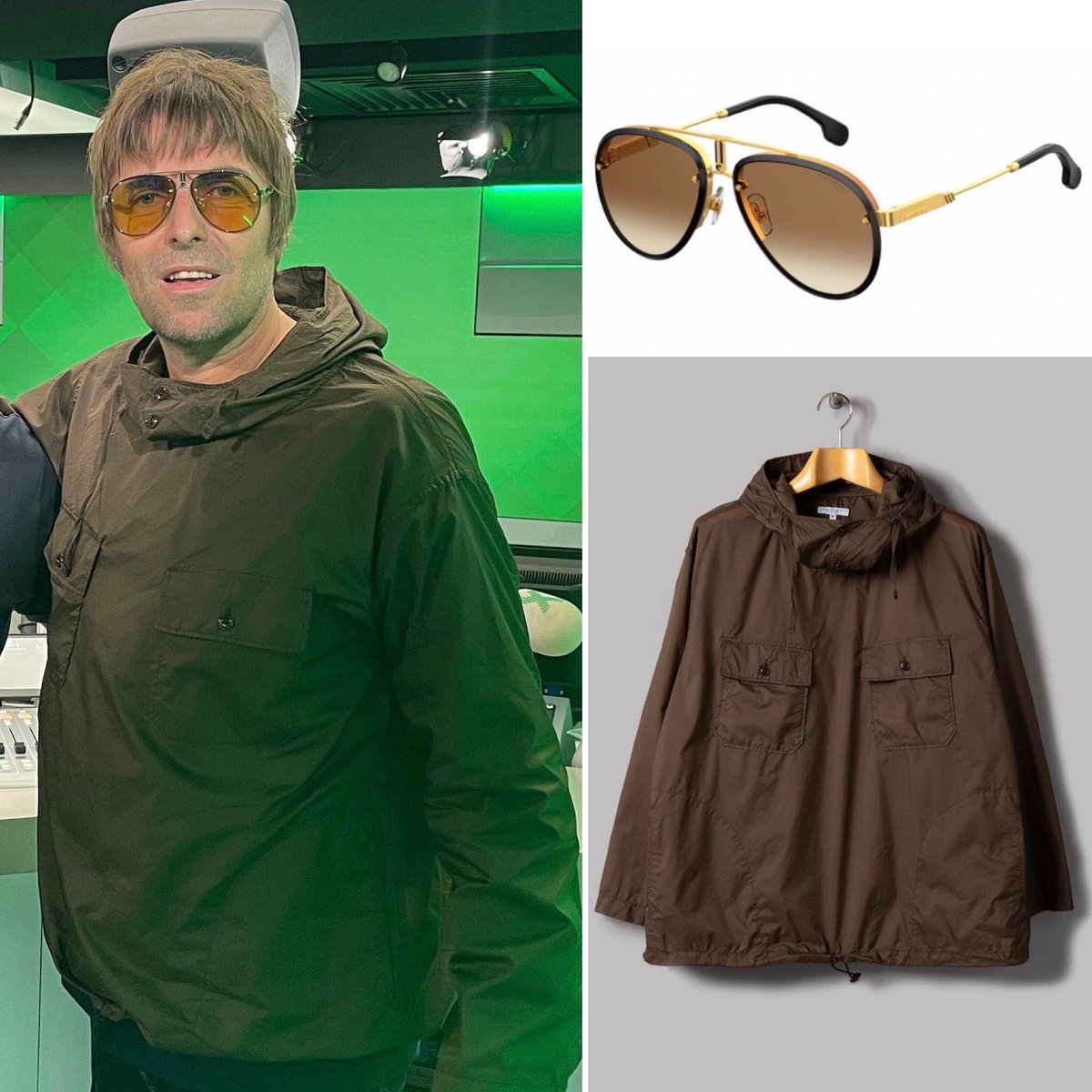 Liam Gallagher wears Engineered Garments Cagoule Shirt & Carrera 
