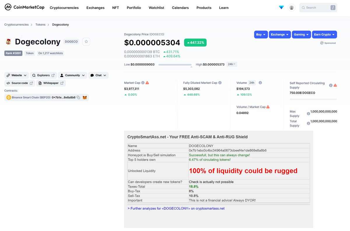 1cryptosmartass's tweet photo. Caution: $DOGECO with 100% unlocked liquidity! Red flag! 🚩

@dogecolony_io #dogeco #dogecolony #newtoken #HODL #BTC #Binance  #Rewards #BSC #CMC #CoinGecko  #CoinMarketCap #Matrix #ath https://t.co/jbv4qAG8Up
