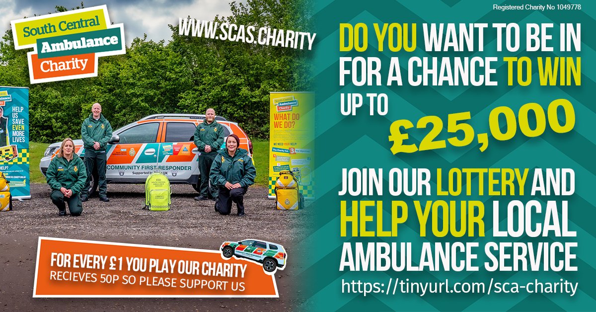 scacharity's tweet photo. Did you know our lottery costs just £1 per week? That's less than a grab bag of crisps, with a chance to win up to £25,000 every week! So what are you waiting for join up today! https://t.co/pcjqyfGqxa. Thank you for your continued support :) @SCAS999 @SCASJobs https://t.co/S2s5DFEwmT