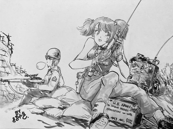 ハンディトーキーで通信するアリサと周辺を警戒するナオミを描きました。WWⅡ米軍装備のイメージです。 