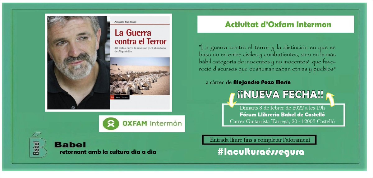 ❗Tenim nova data❗
El pròxim dimarts 8 de febrer tindrem al Dr. Alejandro Pozo Marín que farà una xerrada sobre el seu llibre, en el qual tracta el conflicte a l'Afganistan.