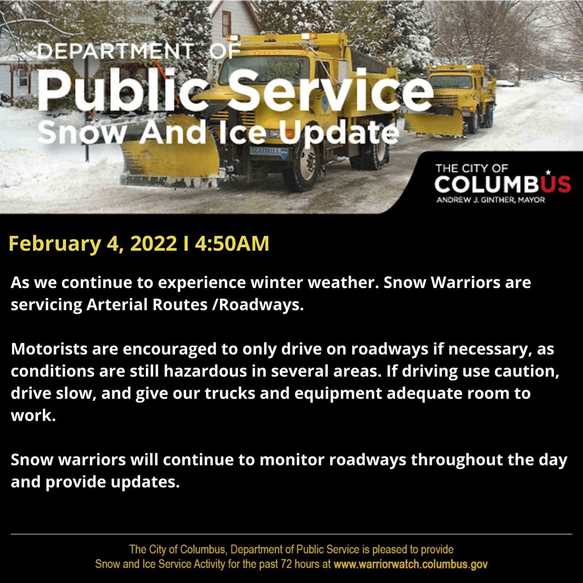 ColumbusDPS's tweet photo. As we continue to experience winter weather.

Motorists are encouraged to only drive on roadways if necessary, as conditions are still hazardous in several areas. If driving use caution, drive slow, and give our trucks and equipment adequate room to work. https://t.co/EN0BNtKFPf