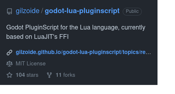 gilzoide's tweet image. All right, #Lua #PluginScript for #GodotEngine got 100+ stars! Thanks for everybody that believes in the project!
💯⭐️

🇧🇷 Uebaaa, Lua PluginScript pra Godot tem 100+ estrelas! Obrigado a todas as pessoas que acreditam no projeto!
💯⭐️

#gamedev #tools #indiedev #LuaJIT #GDNative