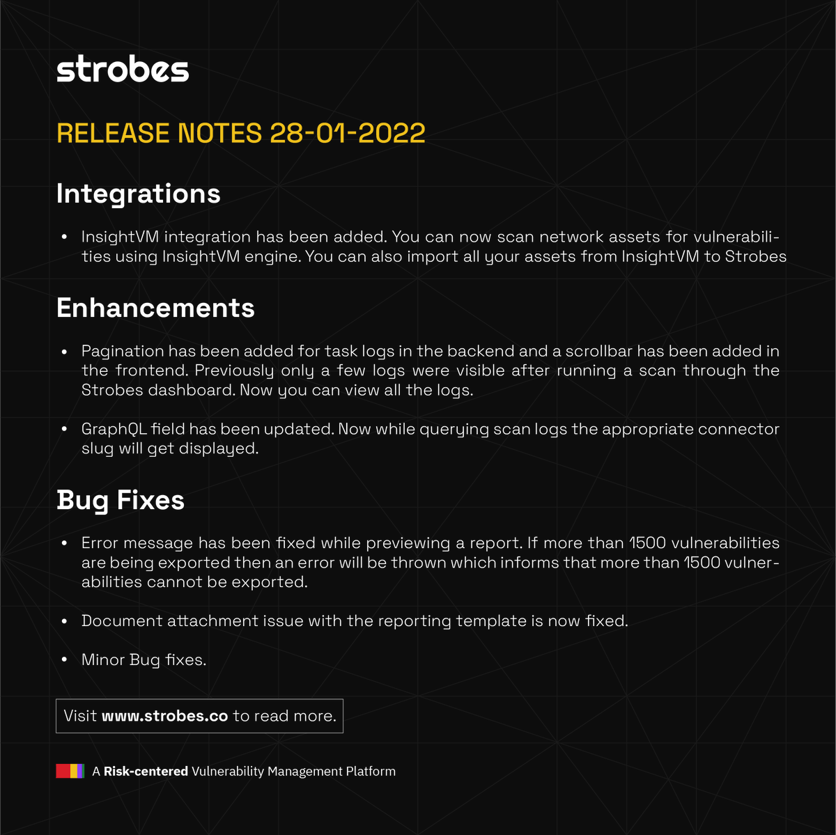 StrobesHQ's tweet photo. With Strobes latest releases, you can now integrate #SAML #2FA and #InsightVM. The enhancements include supporting Nessus compliance scan reports, etc. 📋Full release notes here: https://t.co/nuIzNbm7Zi
#VulnerabilityManagement #Strobes https://t.co/t79knruRLD