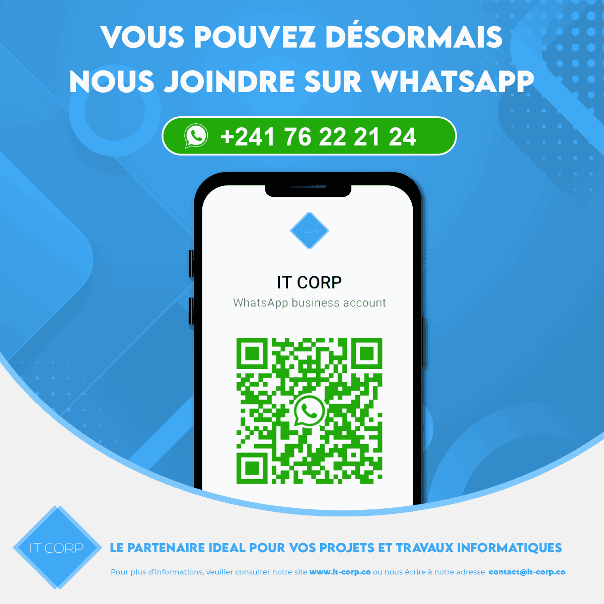 itcorpga's tweet photo. Pour nous contacter sur WhatsApp : 
- Scannez notre le code QR ;
- Cliquez sur le lien : https://t.co/E74yNudtRB
- Utilisez le numéro +241 76 22 21 24 sur WhatsApp.
#itcorpga #logiciel #software #digitalisation #softwaredevelopment #digital #application #IT #itservices #whatsapp https://t.co/ehIfb1CZPJ