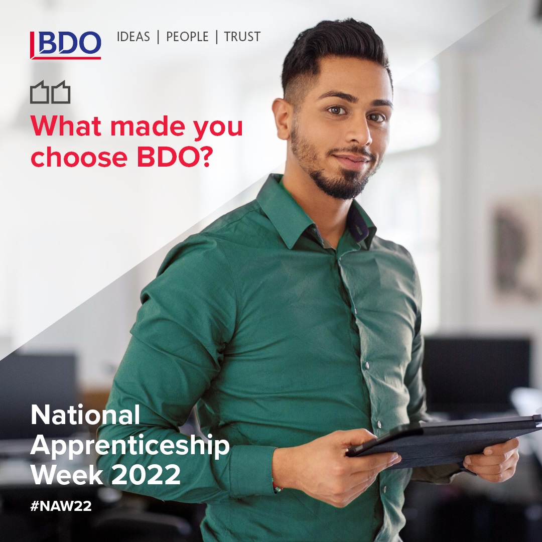 bdoaccountant's tweet photo. Considering an #apprenticeship or know someone who is? Next week we’ll ask some of our trainees questions about their own apprenticeship experiences #NAW2022 https://t.co/Fe7jGsaftI