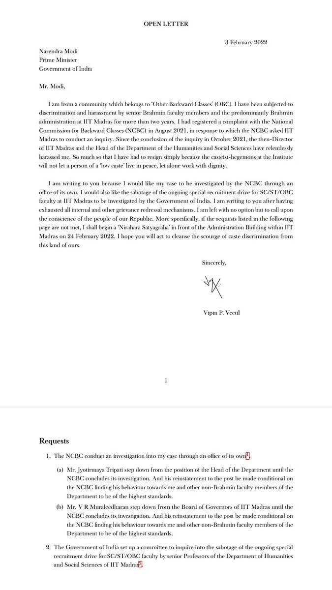 lonelyredcurl's tweet image. IIT Madras Prof. Vipin P Veetil has written an open letter to the Prime Minister demanding an NCBC inquiry into his complaints and the Education Ministry to investigate the sabotage of special recruitment drive in his dept.

Failing which he will start a hunger strike on Feb 24.