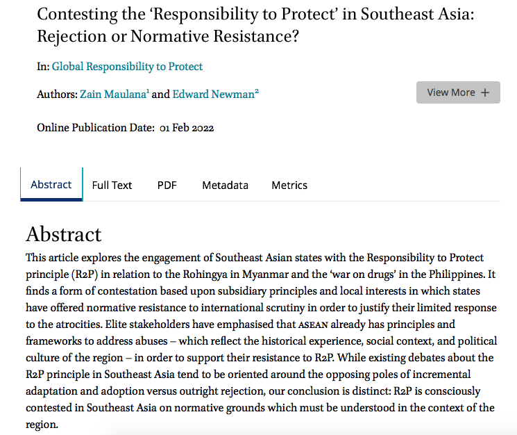 In <a href="/GR2P1/">GR2P</a> with <a href="/zainmaulana/">Zain Maulana</a>: 'Contesting the Responsibility to Protect in Southeast Asia' - unpacking the disconnect between global &amp; regional norms through cases of Myanmar &amp; Philippines &amp; exploring resistance as a form of contestation   tinyurl.com/2p94vcnd @ECR2P @CGSCLeeds