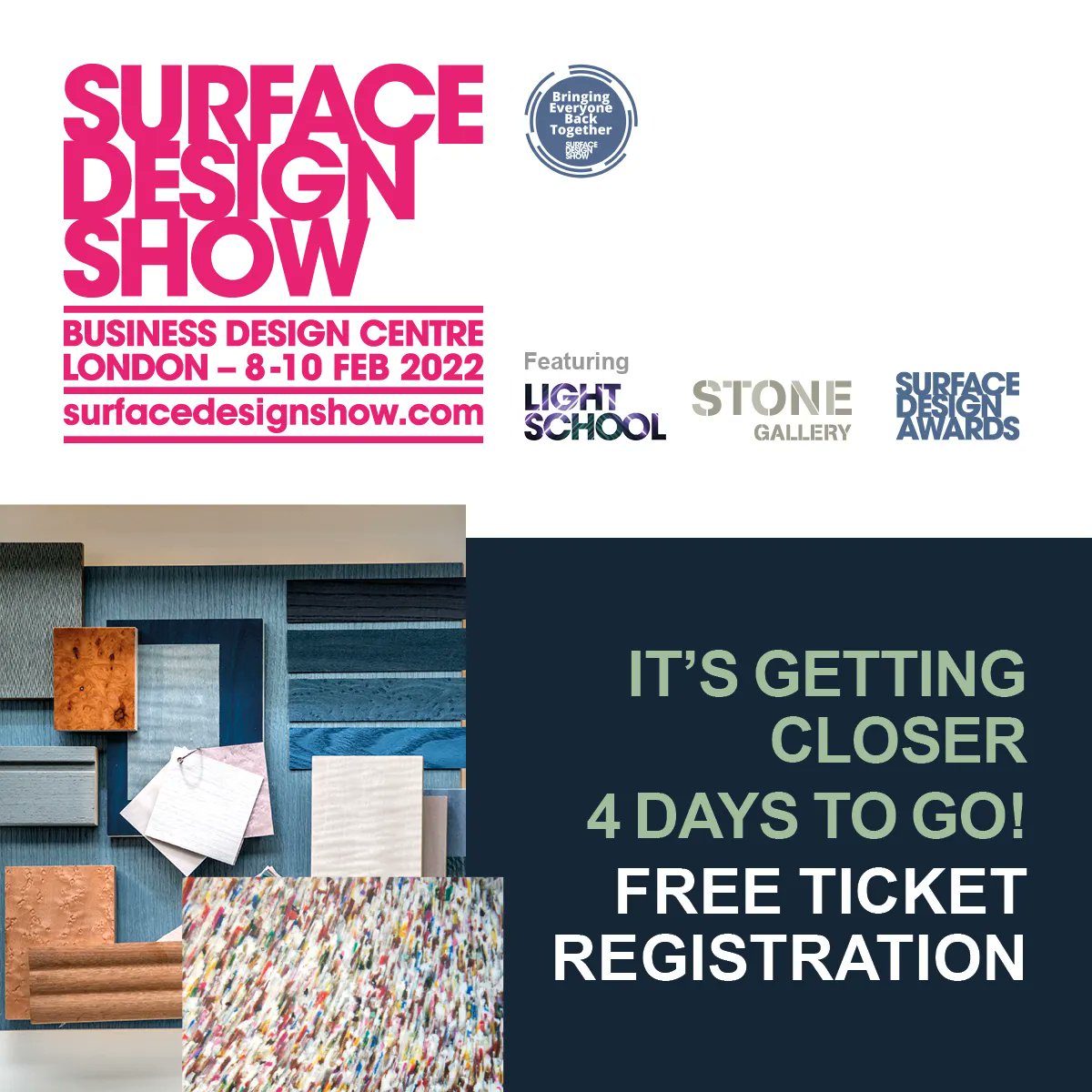 surfacethinking's tweet image. #SDS22 is fast approaching with only 4 days to go until its doors open at the Business Design Centre, London @TheBDC. To register to attend Surface Design Show 2022 click here buff.ly/3H874nG