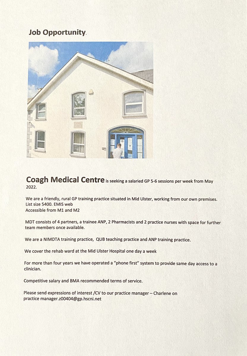 dalzc's tweet photo. @GPNIreland @BMANI_GP @rcgp_ni Salaried GP opportunity Coagh Medical Centre.  Please consider working in rural Mid Ulster. https://t.co/61E46FfylJ