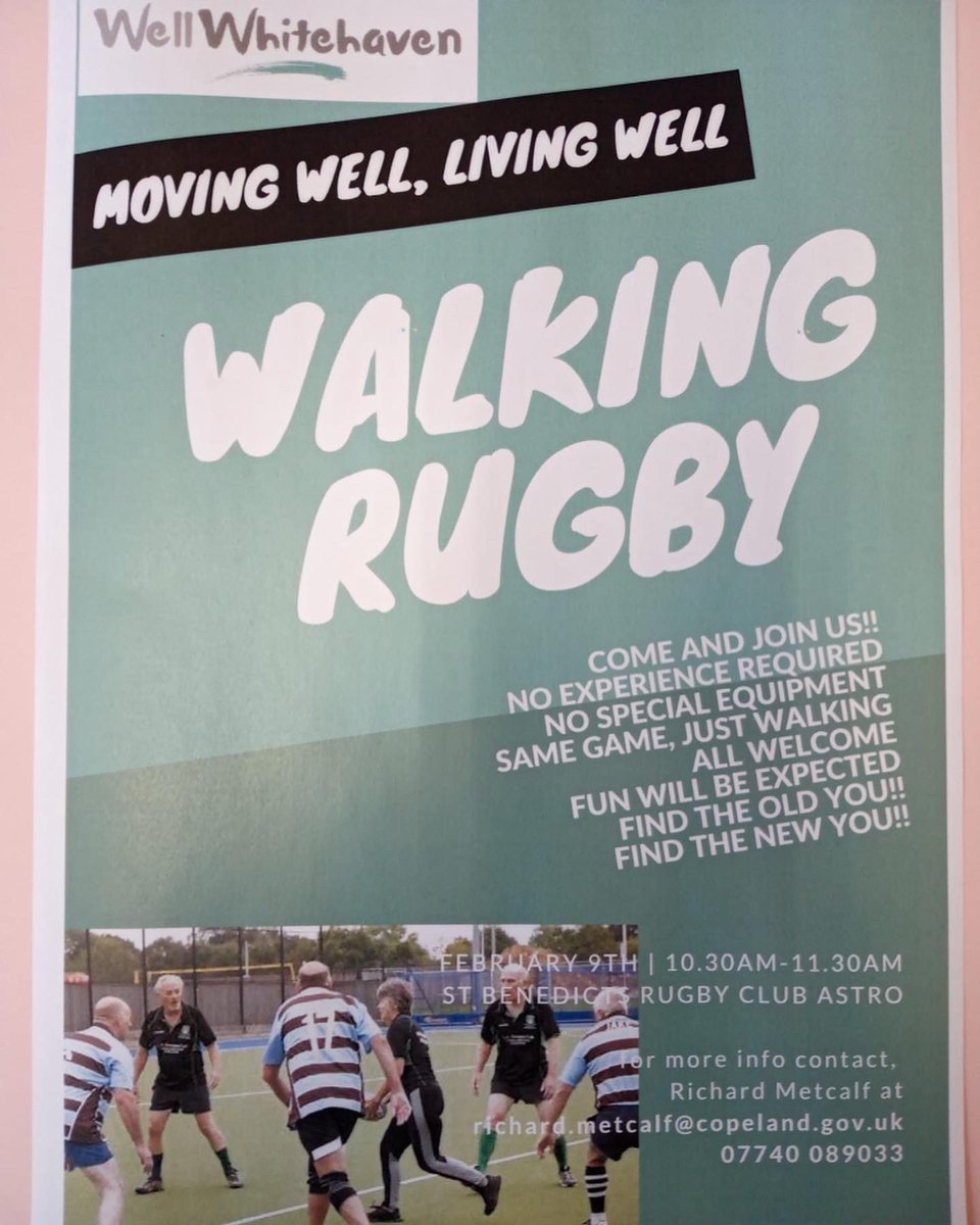 Why not start to get active and meet new people by playing the game game you love.. Walking Footy and Walking Rugby.. Both at St Benedicts Astro.. massive thanks to <a href="/WhitehavenWell/">Well Whitehaven</a> and <a href="/RMActiveCumbria/">Richard Metcalf</a> for getting this organised.. We look forward to seeing you all there..