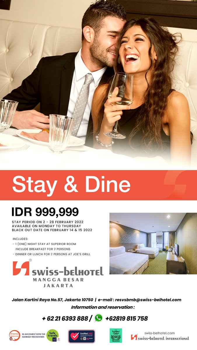 Dapatkan penawaran istimewa ini dengan memesan langsung melalui nomer telepon 021-6393 888 / WA 0819 815 758 

#stayanddine
#promotion
#promo
#promotions
#hotel
#hotelpromo
#roompromo
#jakartahotel
#swissbelhotel
#swissbelhotelmanggabesar