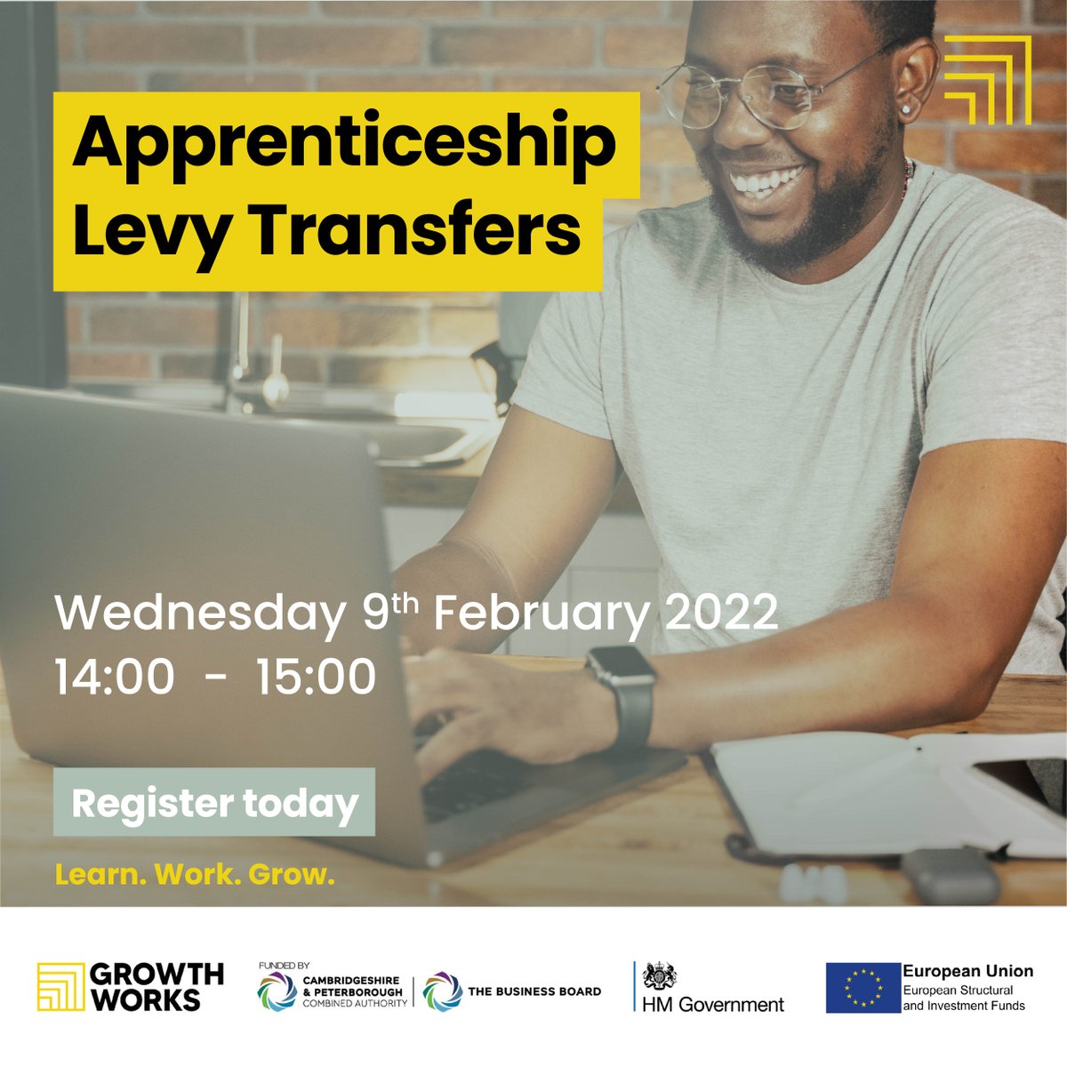 GrowthWorksUK's tweet photo. Looking to make an #apprenticeship levy transfer from @CambsCC ? Join us live on 9th February where Ade Gardner will take you through the process and answer all your faqs!
Register today 👉https://t.co/SkdX4J109s
#NAW2022 #BuildTheFuture #levytransfer #webinar https://t.co/kA2PpkFWKX