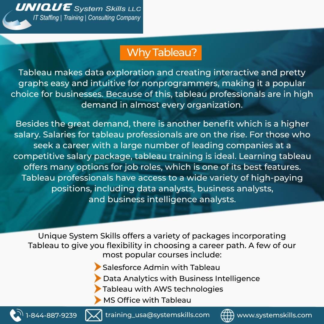 SystemSkillsUSA's tweet image. Tableau makes data exploration and creating interactive and pretty graphs easy and intuitive for #nonprogrammers, making it a popular choice for businesses. 
Visit Website: systemskills.com
Call Us: +18448879239