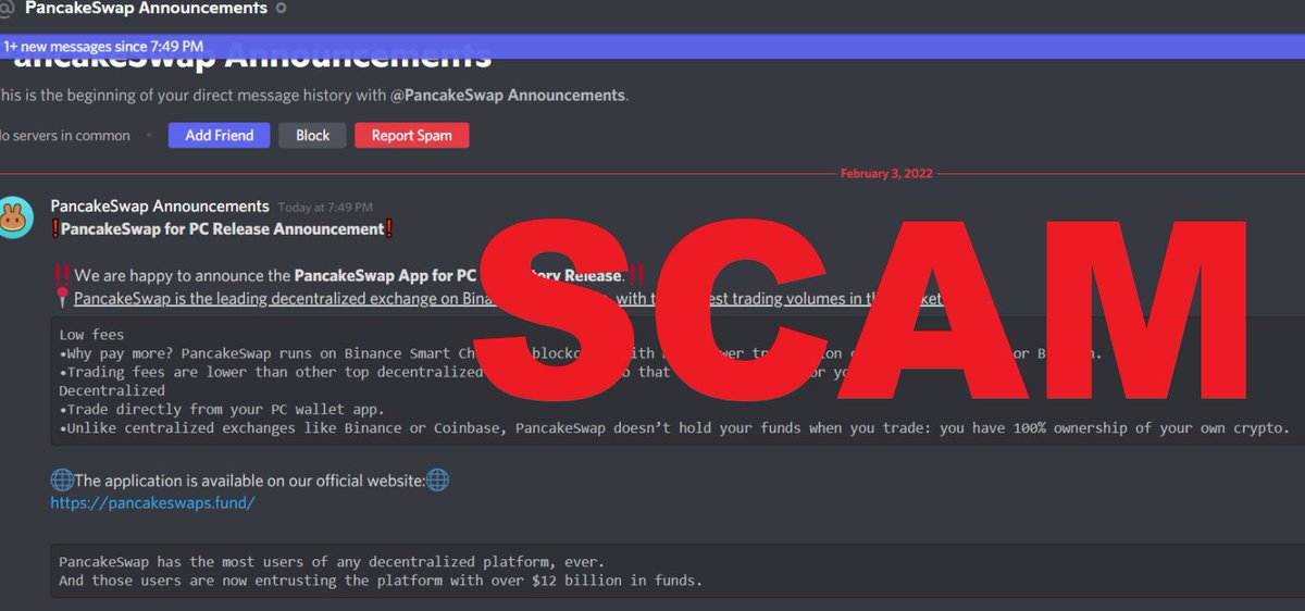 PancakeSwap's tweet photo. 🚨 SCAM ALERT 🚨

· We have NO plan of releasing PancakeSwap App for PC.
· We will never DM you.
· We do NOT have Announcement account, only PancakeSwap server (https://t.co/5euLFq8b0O) is legit.
· Only https://t.co/oBrhgmNGAH is legit.

Stay safe!! https://t.co/dO1Xamjgod
