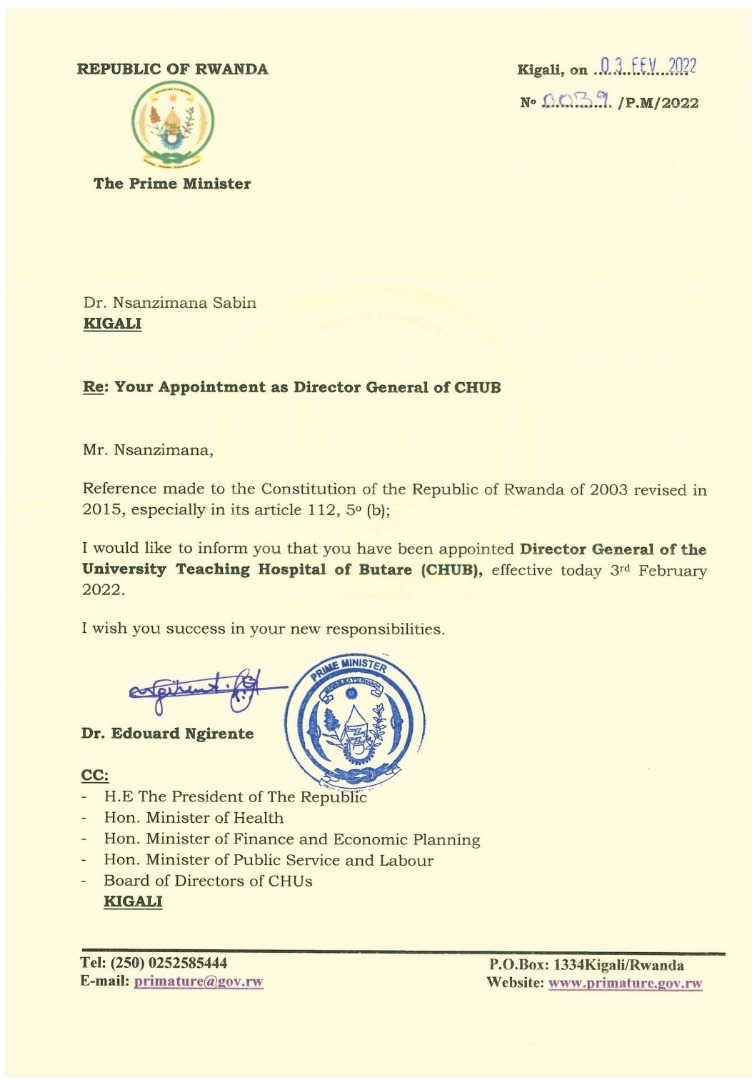 JUST IN: Dr. Sabin Nsanzimana has been appointed as the Director General of the University Teaching Hospital of Butare (CHUB).