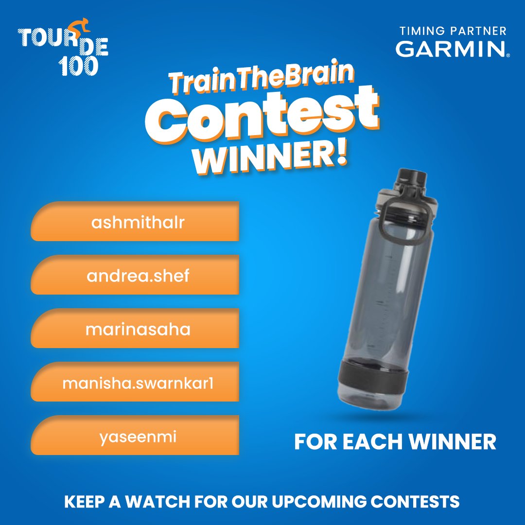 tourde100's tweet photo. Congratulations to all the winners of our #TrainTheBrain Contest.
The contest is now CLOSED.
Follow @tour_de_100 for event-related details.
.
.
.
.
#TourDe100 #VirtualRide #Cycling #CyclingEvent #CyclingChallenge #VirtualCyclingChallenge #TDH https://t.co/UP40hCKFWe