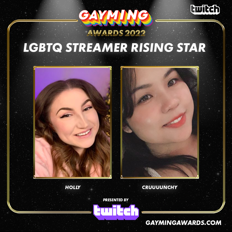 gaymingmag's tweet photo. ✨LGBTQ Streamer Rising Star Nominees✨

⭐ @heyitsmehollyy
⭐ @cruuuunchy
⭐ @codergirlchan
⭐ @AwkwardishPanda
⭐ @LuciaEverblack
⭐ @LukeBoogieGames

Sponsored by @Twitch/@TwitchUKI