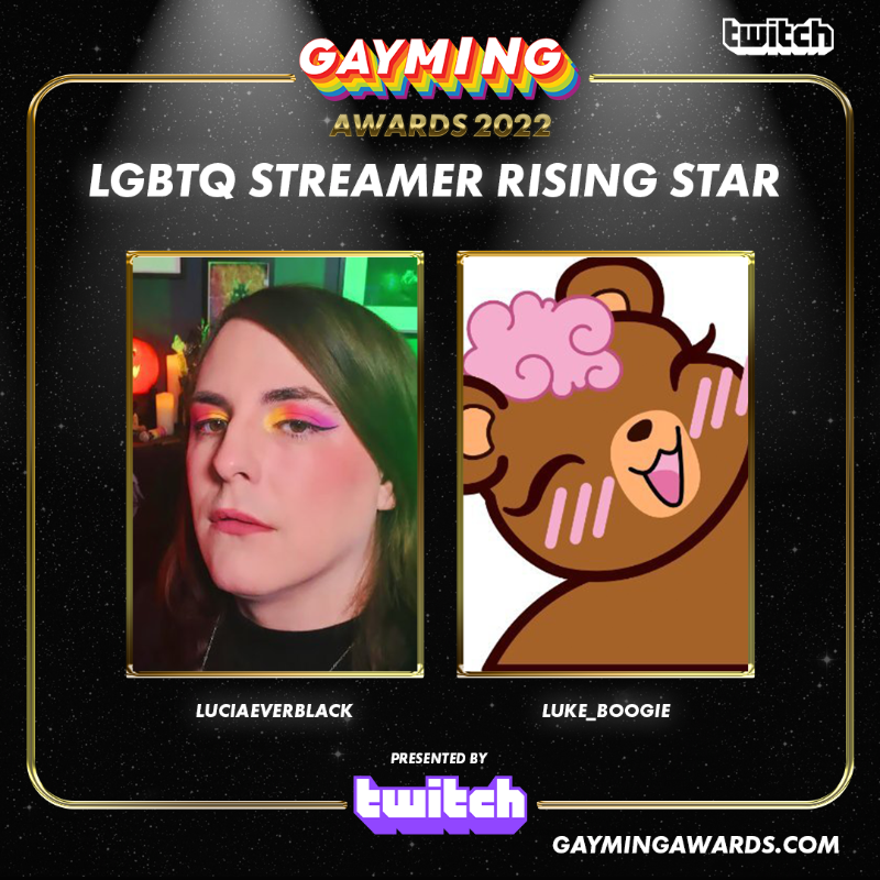 gaymingmag's tweet photo. ✨LGBTQ Streamer Rising Star Nominees✨

⭐ @heyitsmehollyy
⭐ @cruuuunchy
⭐ @codergirlchan
⭐ @AwkwardishPanda
⭐ @LuciaEverblack
⭐ @LukeBoogieGames

Sponsored by @Twitch/@TwitchUKI