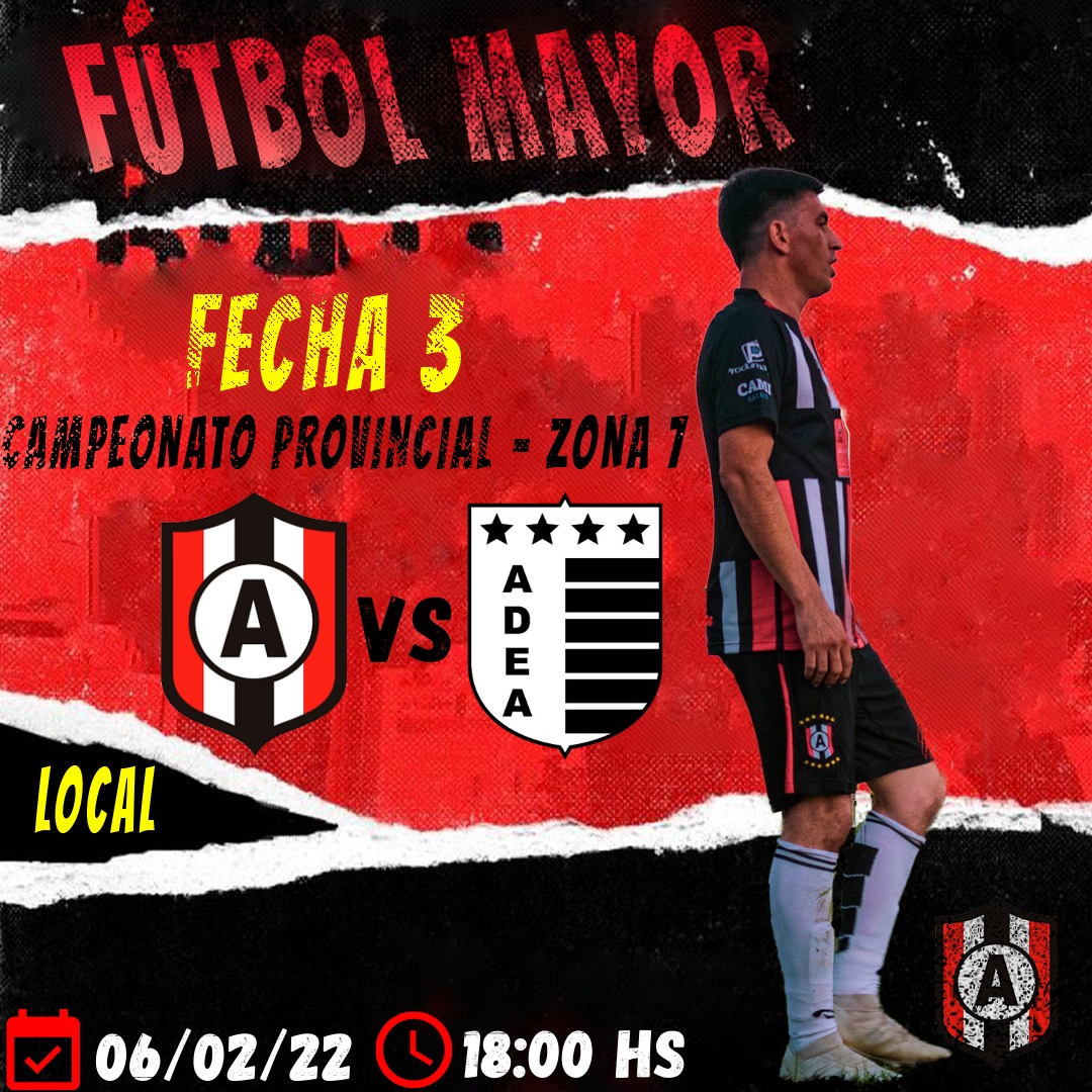⚽ FÚTBOL MAYOR ⚽

📣 Este domingo, desde las 18, recibiremos a ADEA por la tercera fecha del Campeonato Provincial de Clubes.

🎫 Las entradas estarán a cargo de los jugadores del plantel. 

😷 Uso obligatorio de barbijo.

#ClubAlmafuerte #GrupoAlmafuerte #FutbolMayor