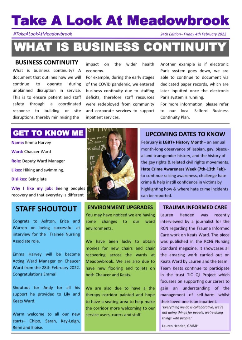 #TakeALookAtMeadowbrook 

Here’s our 24th Edition of our Newsletter 🌟

This week we’re talking about:
💫What is Business Continuity?
💫Environment Updates 
💫Get To Know Emma  

Read to find out more 📰

<a href="/GMMH_NHS/">Greater Manchester Mental Health</a> <a href="/Safewards/">Safewards</a>
