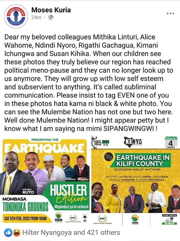 MKMurugu's tweet photo. My brethren in Mt. Kenya region, what say you about this honest observation? ⁦@RailaOdinga⁩ is the truthful leader. Others are just fly-by night leaders. ⁦@_MRSMMK⁩ https://t.co/zw5z4yH4y1