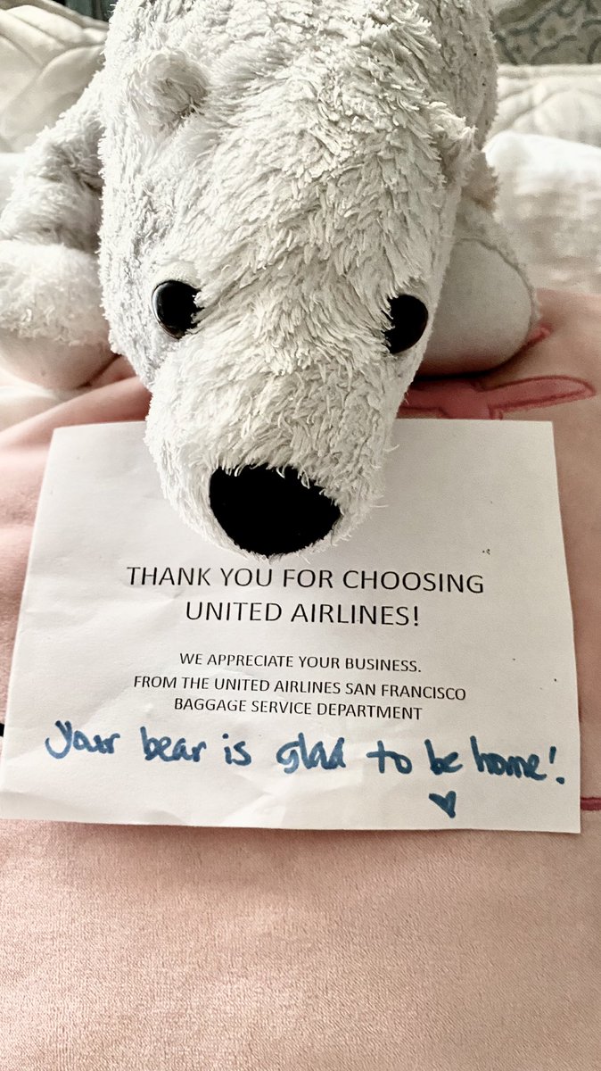 Nice gesture <a href="/united/">United Airlines</a> My daughter lost her beloved stuffed bear at SFO and after 6 weeks, we thought it had vanished for good. But when it arrived at our doorstep with this note, it brought a lot of joy into the house! Thanks, United Airlines. #CustomerExperience #UnitedAirlines