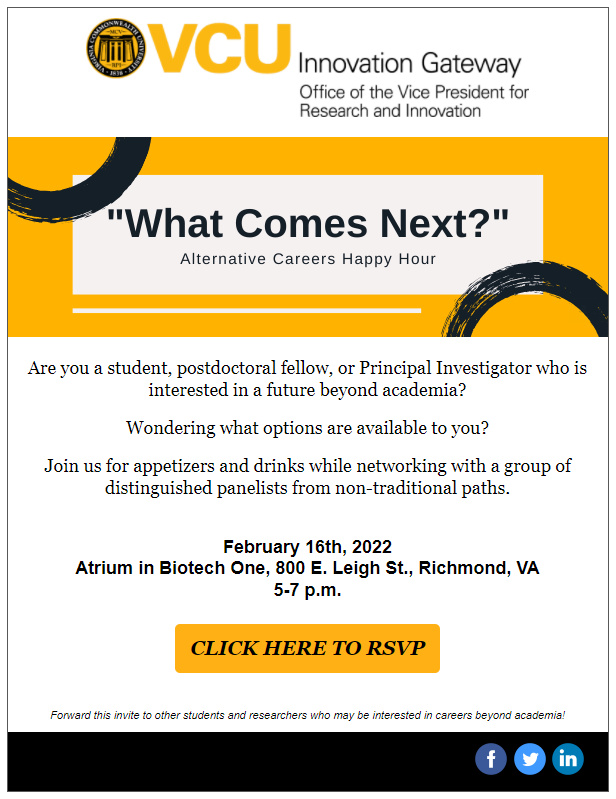 VCU_PDA's tweet image. Alternative Career Happy Hour 🥂 (check your emails to RSVP or contact mkmorgan@vcu.edu ) #VCUpostdocs  #VCUPDA