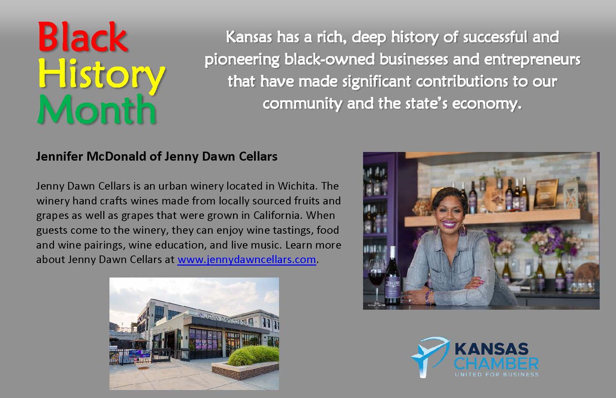 In honor of #BlackHistoryMonth - <a href="/KansasChamber/">The Kansas Chamber</a> is recognizing #Kansas' great black-owned businesses. Meet Jennifer McDonald and her @jennydawncellar - perfect spot to grab a delicious glass of wine and support #smallbiz. #BlackEntrepreneurs #KSJobCreators #KSBizCares
