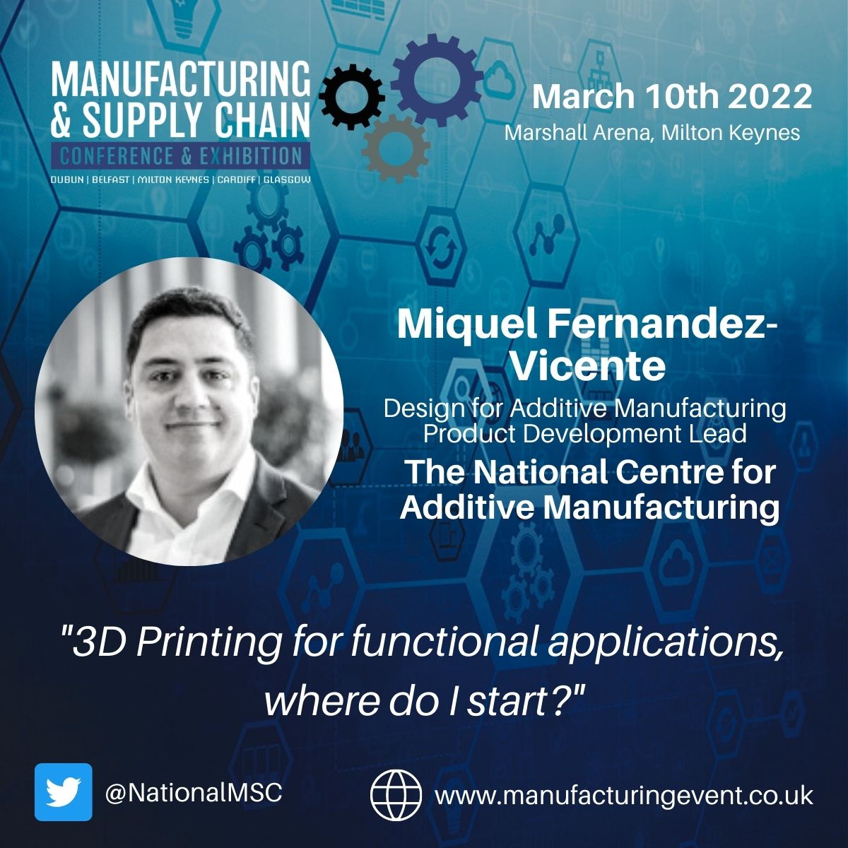 MSC_Event's tweet photo. We are delighted to announce that @mifervi, Additive Manufacturing lead at @the_MTC_org will be speaking at the Manufacturing &amp; Supply Chain Conference &amp; Exhibition on the 10th of March.

Make sure to register to attend today -> https://t.co/sFi6xVzi5V https://t.co/FXCR9V54Hc
