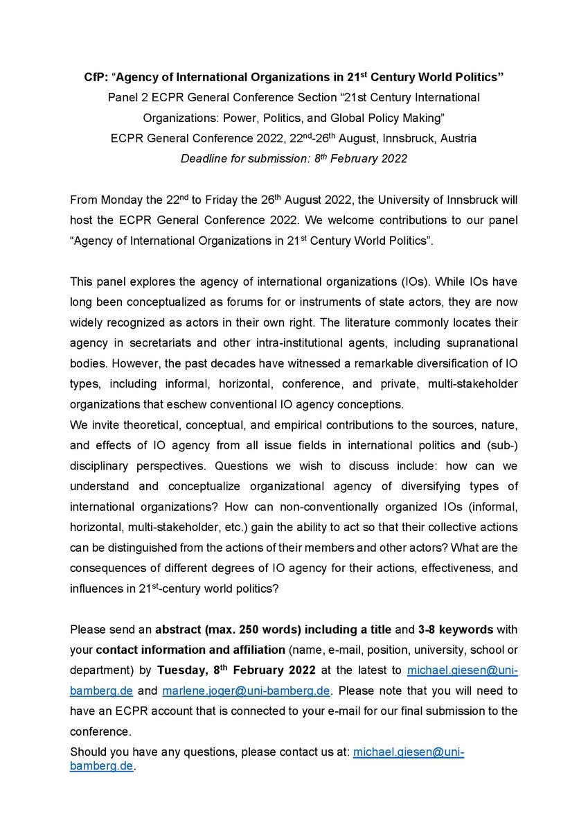 Michael Giesen (@mchlgiesen) on Twitter photo Come join us for our #ecprgc22 panel on #IO agency. We are looking for theoretical and empirical contributions on how IOs become actors beyond their secretariats. Get in touch with a brief abstract by Feb. 8 <a href="/ECPR/">European Consortium for Political Research</a> @ecpr_sgir Come join us for our #ecprgc22 panel on #IO agency. We are looking for theoretical and empirical contributions on how IOs become actors beyond their secretariats. Get in touch with a brief abstract by Feb. 8 <a href="/ECPR/">European Consortium for Political Research</a> @ecpr_sgir