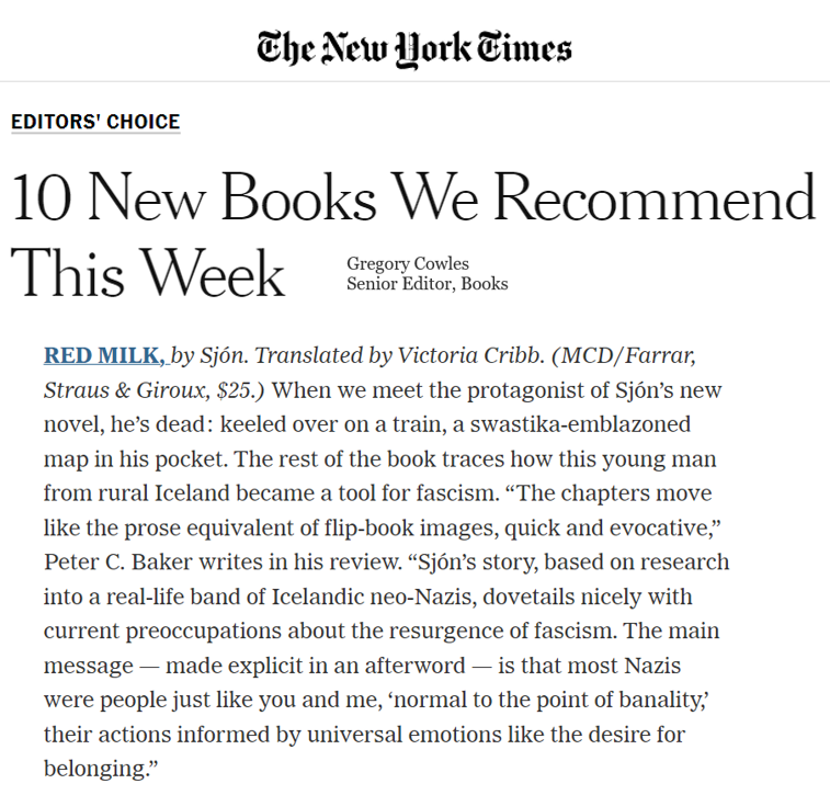 reykjaviklitag's tweet photo. The New York Times Editor's Choice! Congratulations, dear Sjón!
https://t.co/4TRBRpWwRZ #sjón #redmilk #iceland https://t.co/y5xfk0lghv
