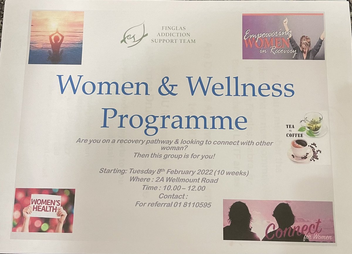 SonyaDunne3's tweet photo. @FastFinglas Were excited to announce our Women and Wellness programme is kicking off Tuesday 8th February at 10.00 in FAST, if you are on a recovery pathway and looking to connect with other women, then this group is for you, contact Natille or Trish at 018110595 for information https://t.co/FyFPsBh6DJ