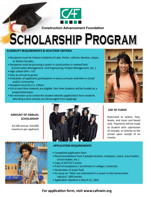 readynwi's tweet photo. The Construction Advancement Foundation is delighted to invest in the future of the construction industry by awarding scholarships to Northwest Indiana students who are pursuing a career in construction management, engineering, or a related field within construction. https://t.co/kRl4Xh4jIb