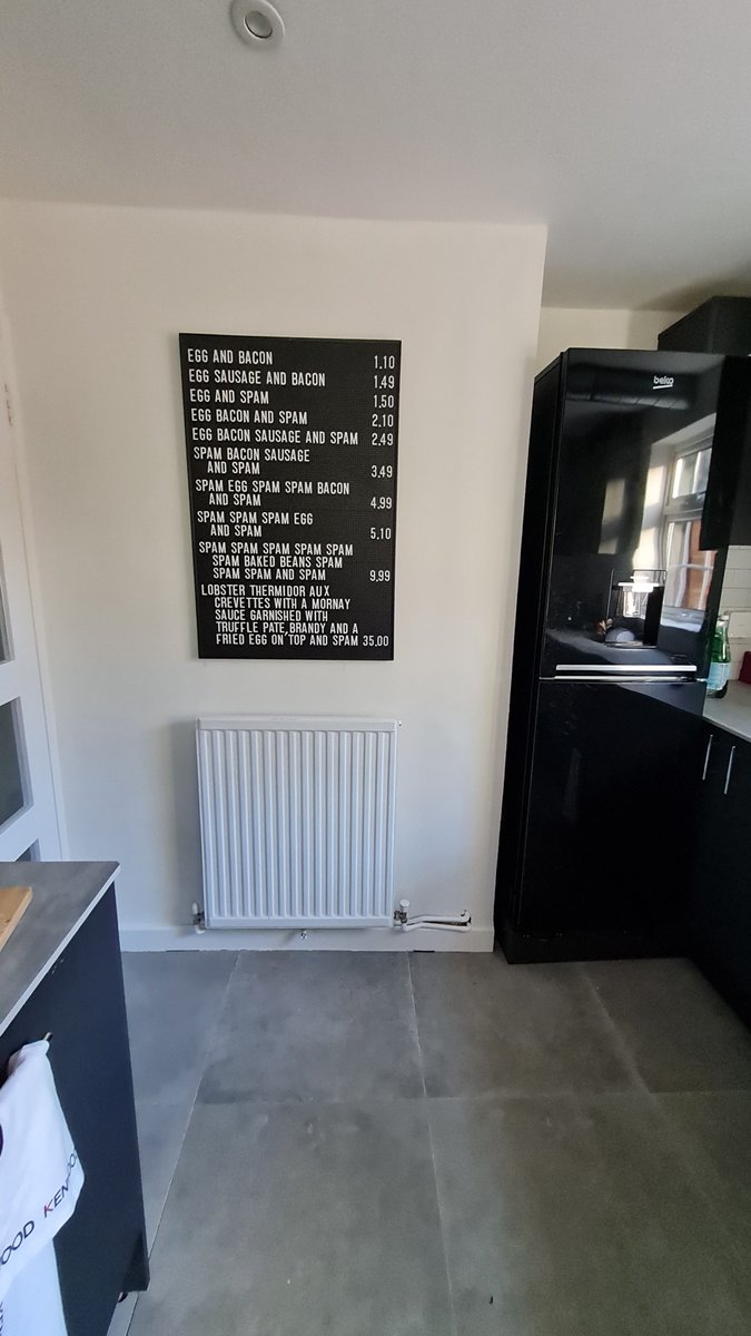 gemthetwit's tweet photo. It's only taken a little over 2 years, but the Spam board is finally installed in the kitchen! Baked beans are still off. @uptone #MontyPython #spamspamspam #spam #montypythonwedding https://t.co/IGge0Jd3HG