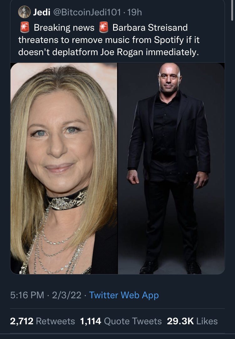 Babs you have about 3,000,000 monthly listener to Rogan’s 100,000,000 listeners. You won’t be missed! #JoeRogan #keepinrockinginthefreeworld