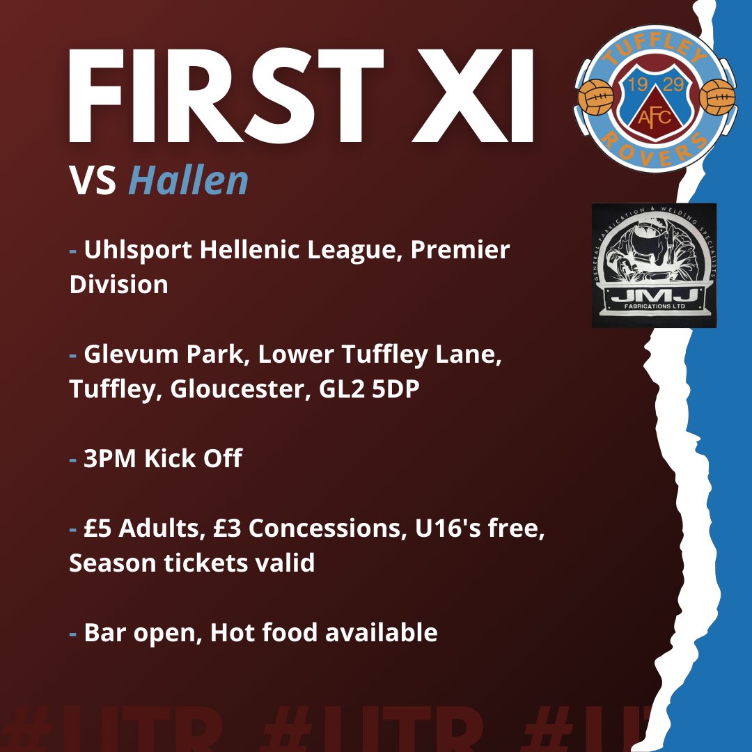TOMORROW... 

We have a massive <a href="/HellenicLeague/">Hellenic League</a> game at Glevum Park tomorrow as we take on <a href="/HallenFC/">Hᴀʟʟᴇɴ AFC 🏆</a> 

Support has been great so far this year and this really is a big game, so it will be great to see as many of you as possible. 

Match sponsored by <a href="/jmjfabsltd/">JMJ Fabrications Ltd</a> 

#UTR