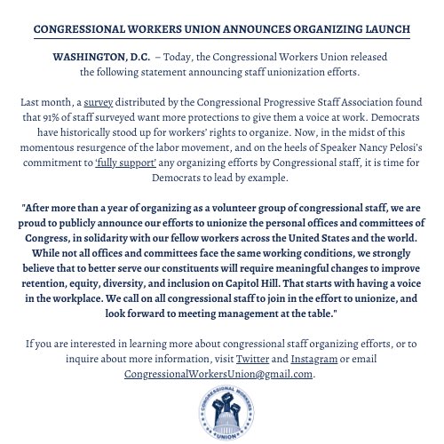 Today, the Congressional Workers Union announces staff efforts to unionize the offices and committees of the United States Congress. Read our full statement here.