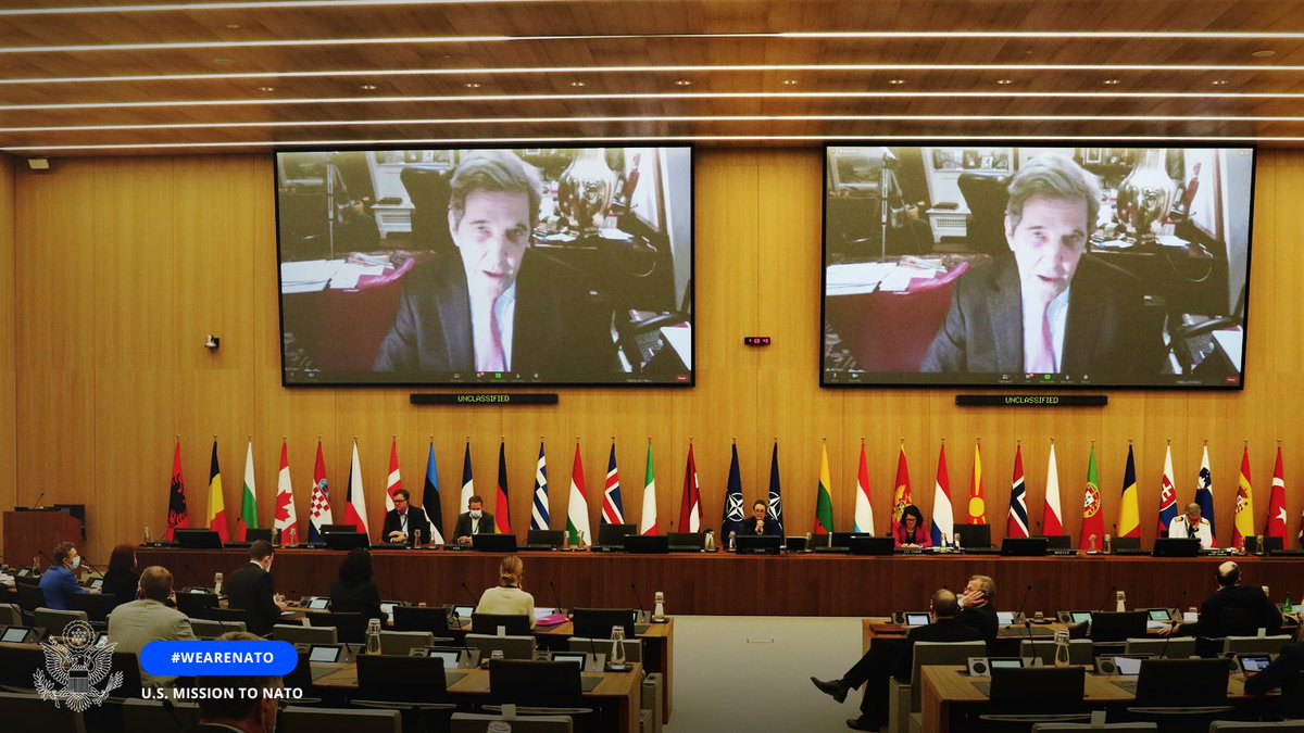 USNATO's tweet image. “No one nation can tackle climate change alone. It is the most significant collective problem we have faced as a global community,” said @ClimateEnvoy John Kerry emphasizing that @NATO leads the way on how int'l orgs must focus on the security aspects of the climate crisis.