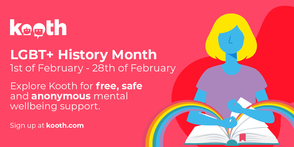 🏳️‍🌈 LGBTQIA+ representation matters. 🏳️‍🌈

Join Kooth as we continue to lift voices and raise awareness of mental health within the LGBTQIA+ community! 

If you or someone you know need a safe space to talk about #LGBTQHistoryMonth, we're always here.
❤️🧡💛💚💙💜 #LHM22