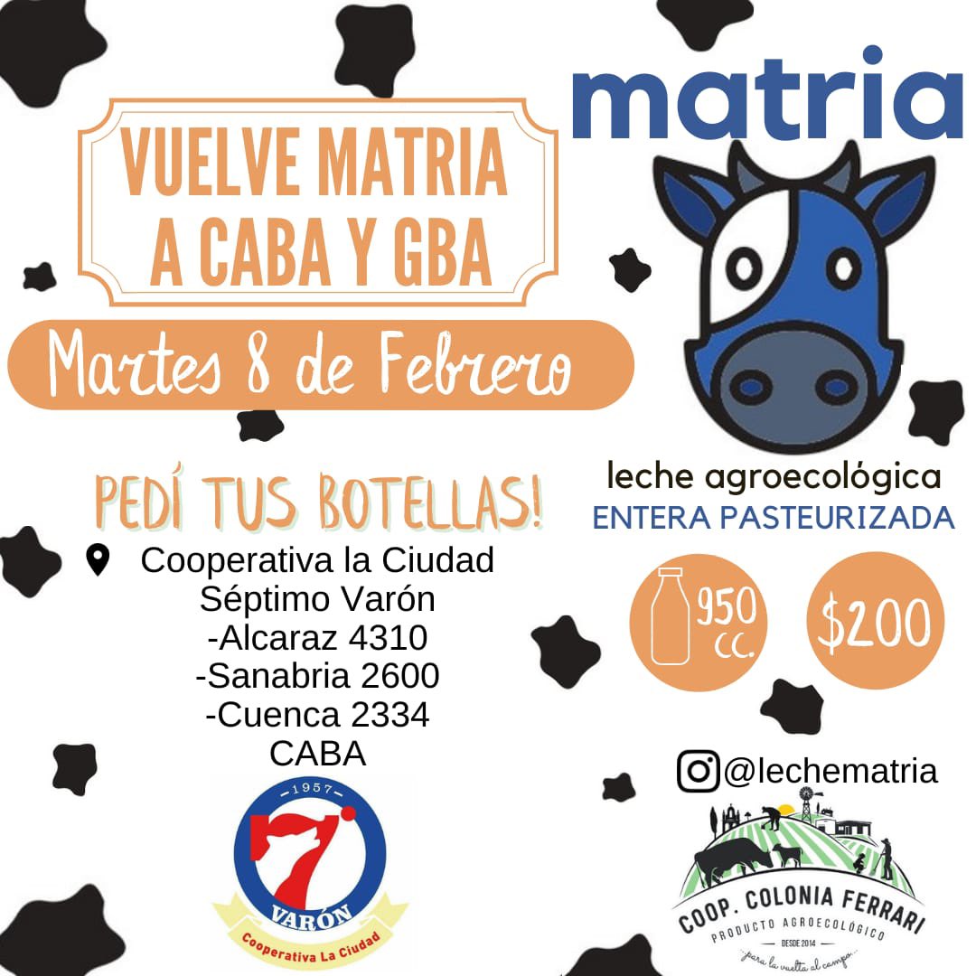 septimo_varon's tweet photo. Reservá tu LECHE AGROECOLÓGICA
Leche Entera Pasteurizada - "MATRIA" 🐮 
Botella de vidrio x 910cc - 200$ la unidad.
https://t.co/wTa0zVU47f

Tenés tiempo para reservar hasta el Lunes 7/2 a las 13hs, y la retirás y abonás el Martes 8/2 x el local de Séptimo Varón que elijas! https://t.co/08tO1zuvEp