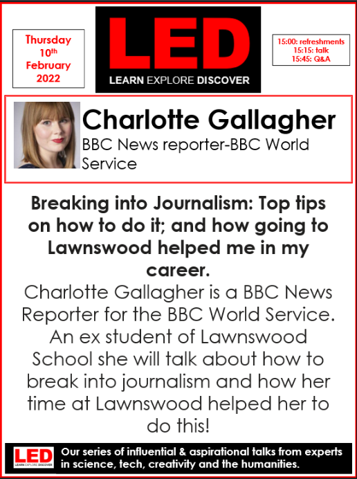 lawnswoodschool's tweet photo. Don't forget tomorrow's #LEDTalk by Charlotte Gallagher, BBC News Reporter - come along to find out hints & tips for breaking into journalism @CM_Gallagher #FocusOnYourFuture #curiosity https://t.co/qKZgtGe2Dp