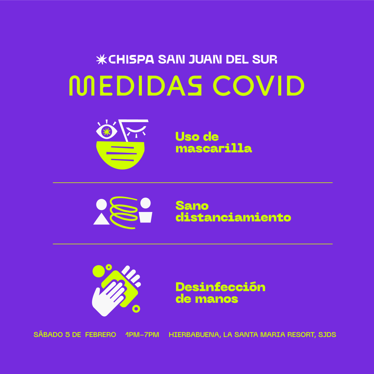 chispafest's tweet photo. Falta un día para irnos a inspirar al #ChispaSJDS. 💥💜🏖 Si ya sos uno de nuestros asistentes, queremos dejarte unos recordatorios de las medidas que vamos a seguir. 😷⬅️➡️🦠 

Aún quedan unas pocas entradas disponibles en https://t.co/iN1qz5ar7n ✅🚨

#sjds #chispafest #chispa https://t.co/pAlx2Gymmt