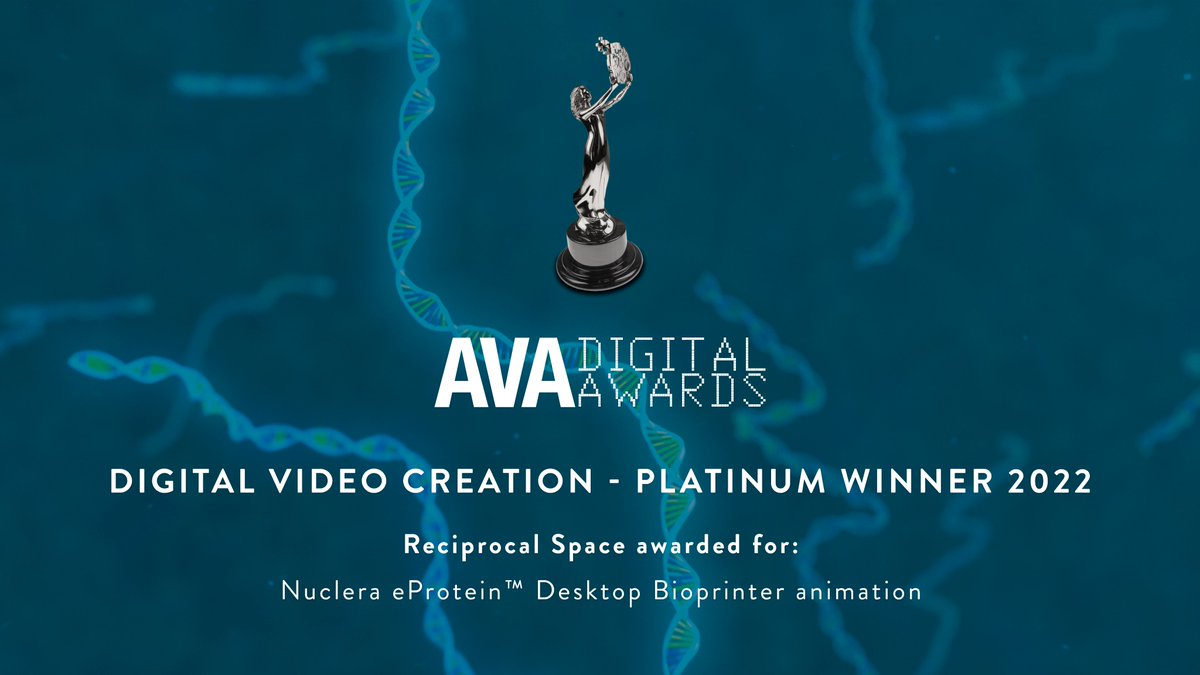 ThinkReciprocal's tweet photo. We are proud to announce that Reciprocal Space has won this year's Platinum AVA Digital Award for Animation! The winning animation was commissioned by the #biotech company @nuclera based in Cambridge (UK) to showcase their pioneering #eProtein Desktop #Bioprinter device. https://t.co/HaSbRP2ztp