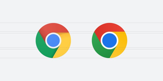 Side-by-side comparison between the current Chrome icon and the refreshed one, with keylines highlighting the subtly tweaked proportion. 